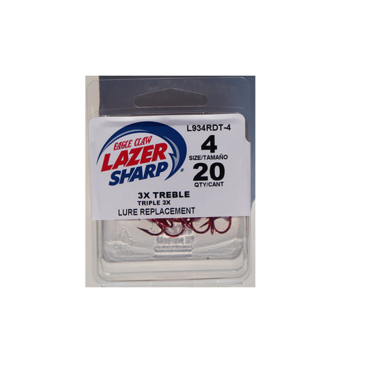 Lazer Sharp L934RDTH-4 3X Treble Hook, Red, Size 4